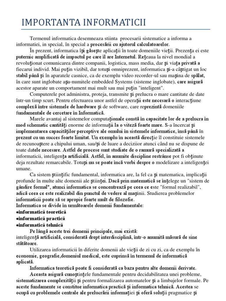 Importanta Informaticii | PDF