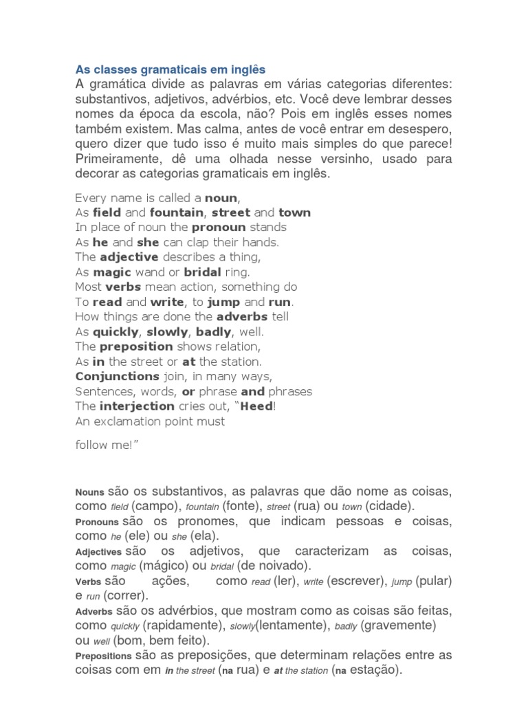 As Classes Gramaticais em Inglês | PDF | Plural | Pronome
