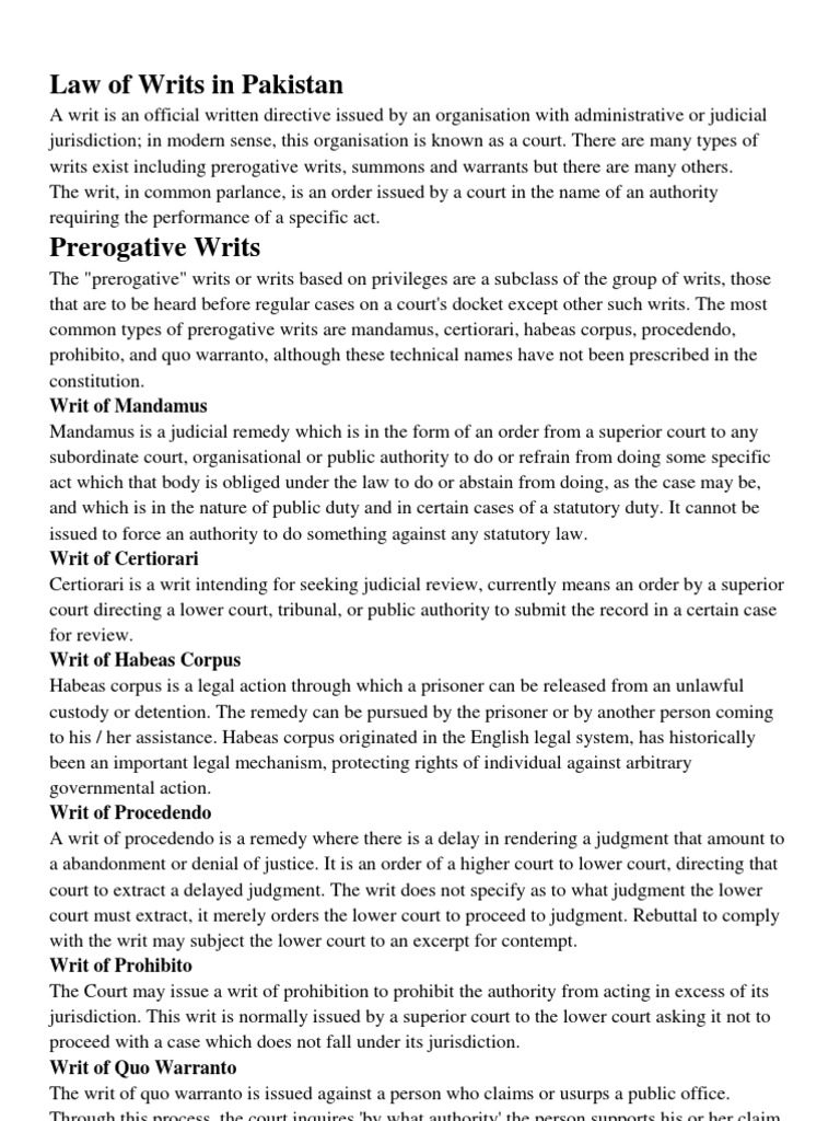 Types of Writs in Pakistan Explained | PDF | Writ | Habeas Corpus
