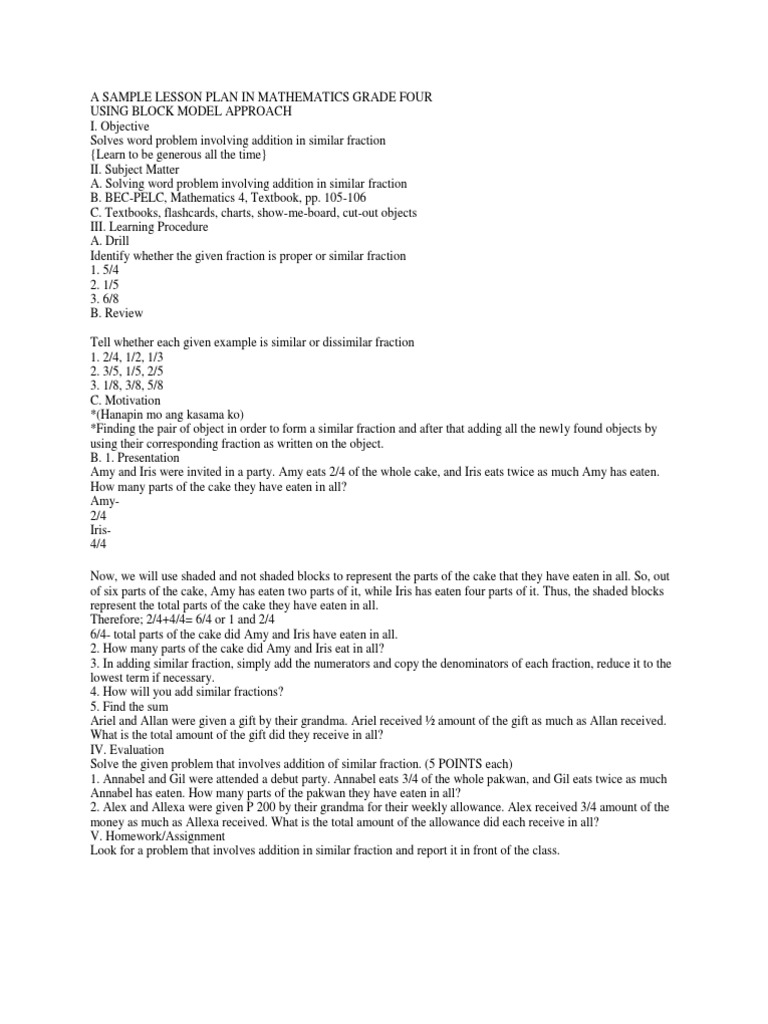 A Sample Lesson Plan in Mathematics Grade Four | PDF | Fraction ...