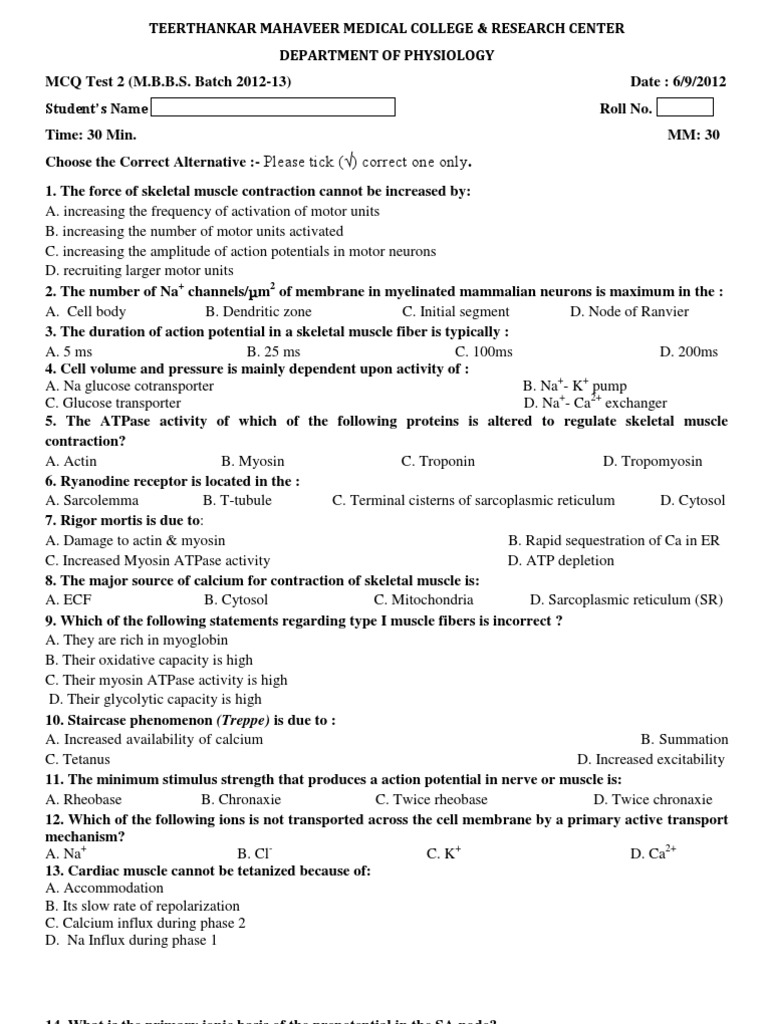 MCQ_Test 2 Muscle Contraction Skeletal Muscle