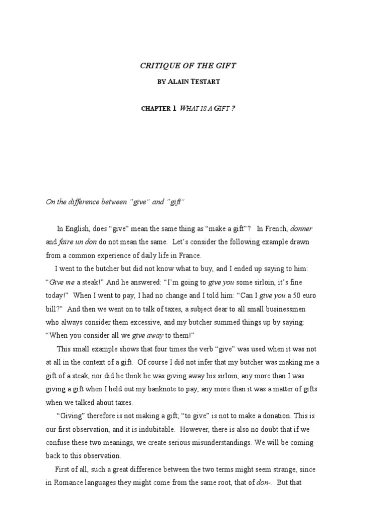 Alain Testart - Critique of The Gift (Chapter 1) | PDF | Anthropology ...