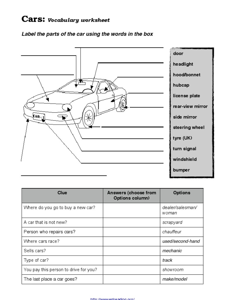 Car Vocabulary Worksheet