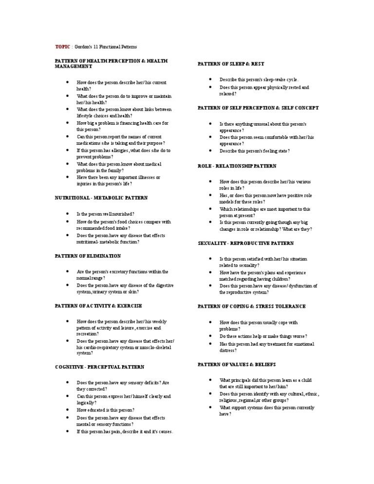 Gordons 11 Functional Patterns Questions Perception Cognition