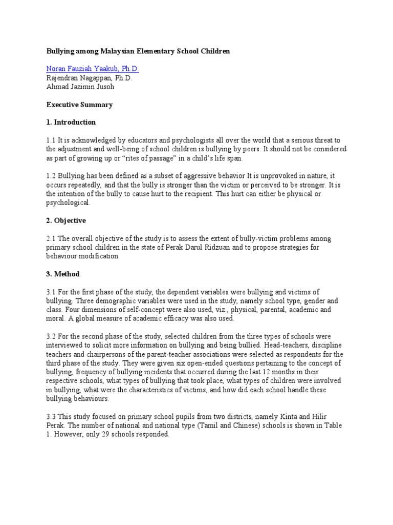 Bullying Among Malaysian Elementary School Children | PDF | Bullying ...