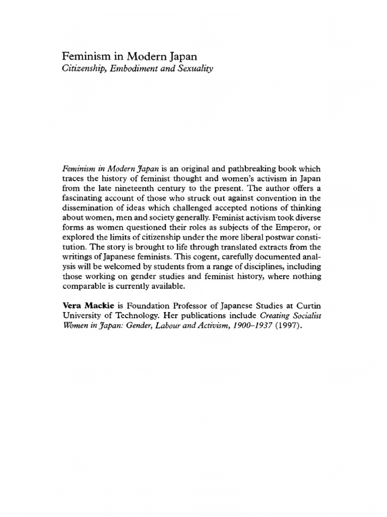 Feminism In Modern Japan Citizenship Embodiment And Sexuality Contemporary Japanese Society Feminism Gender Studies