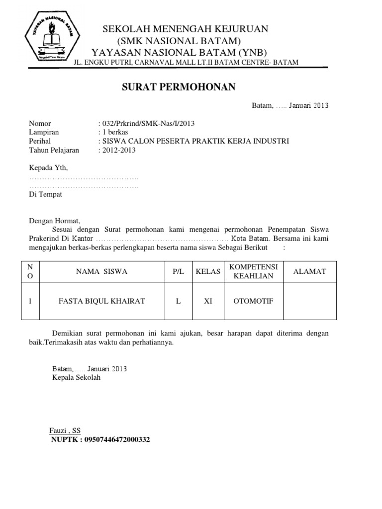 Contoh Surat Izin Tidak Masuk Pkl Smk Kumpulan Surat Penting