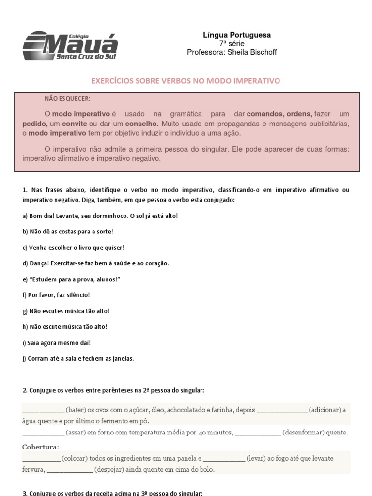 Exercícios de Modo Imperativo para 7ª Série | PDF