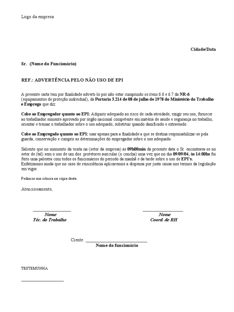 Modelo de advertencia do uso do epi