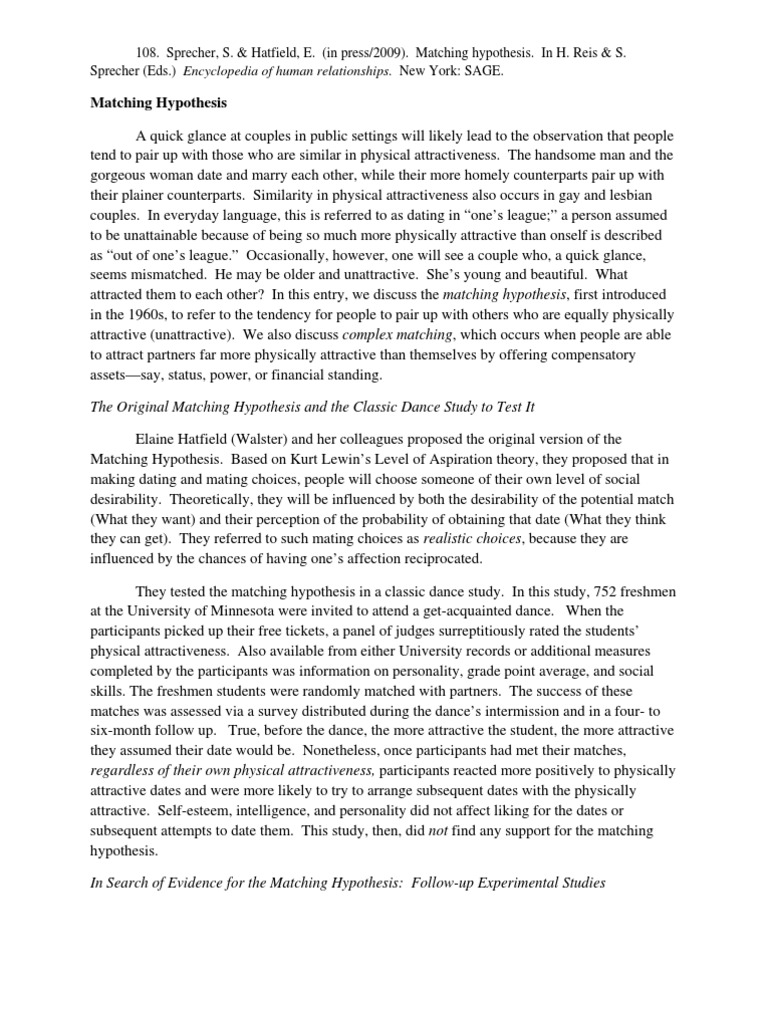 Origins of Matching Hypothesis Physical Attractiveness Social