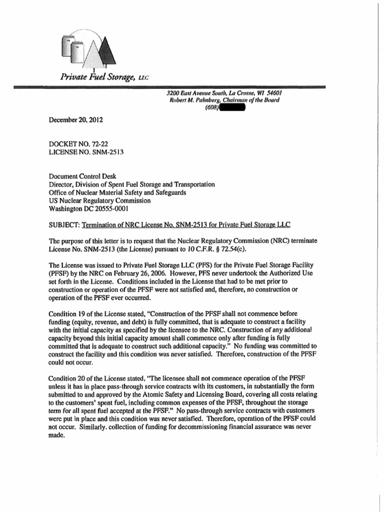 Termination of NRC License No SNM2513 For Private Fuel Storage LLC