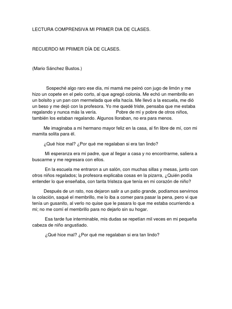 Comprensión Lectora: Mi Primer Día de Clases | PDF | Luna | Tierra
