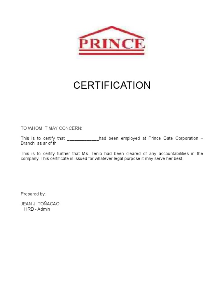 Employment Certification for Legal Purposes | PDF | Business