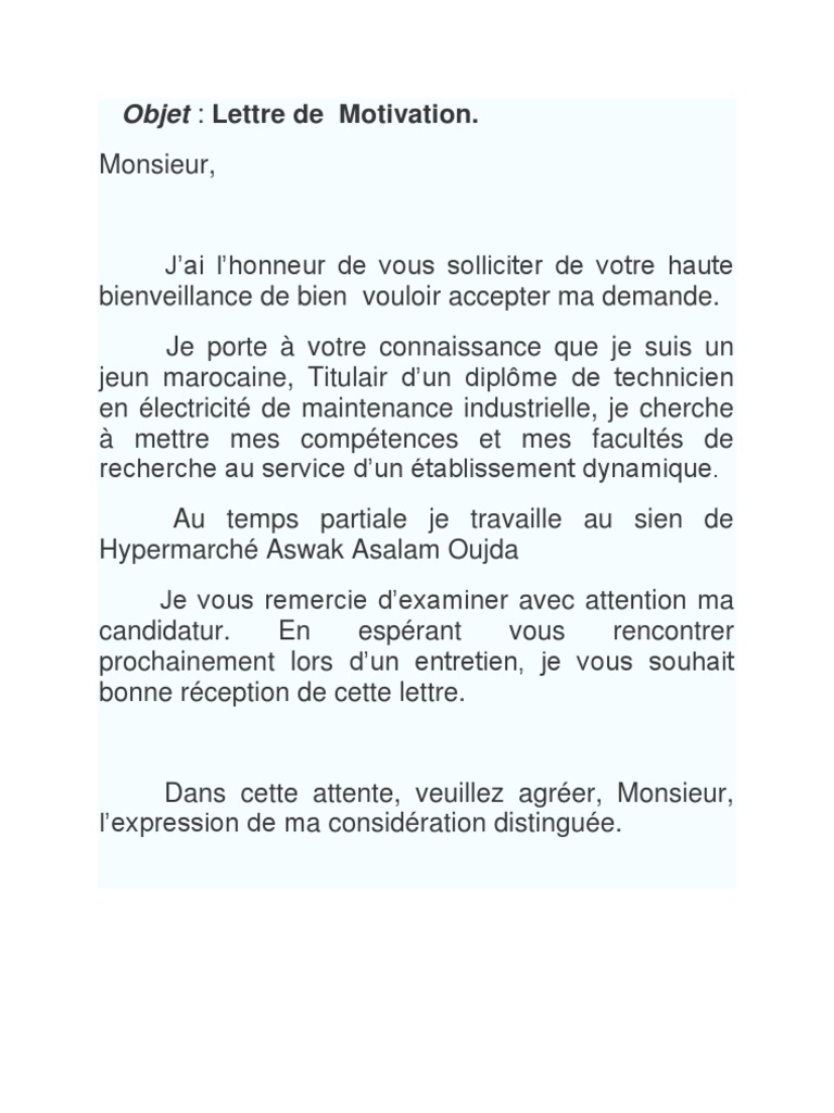 exemple de lettre de motivation j'ai l'honneur