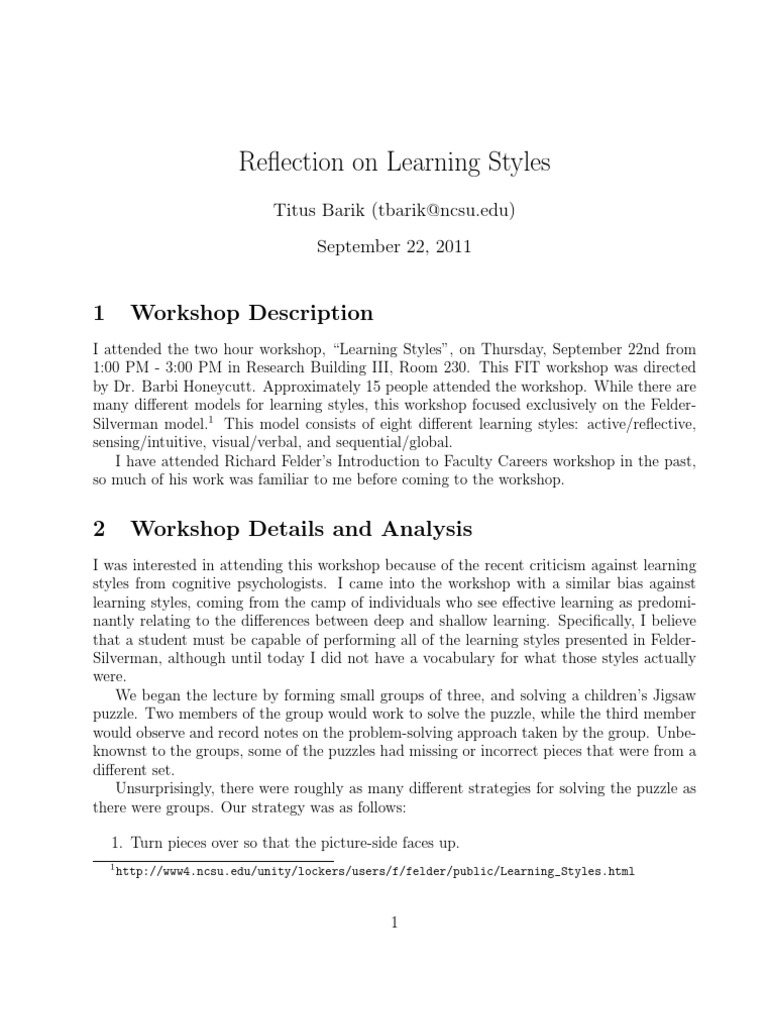 Reflection On Learning Styles Pdf Learning Styles Educational