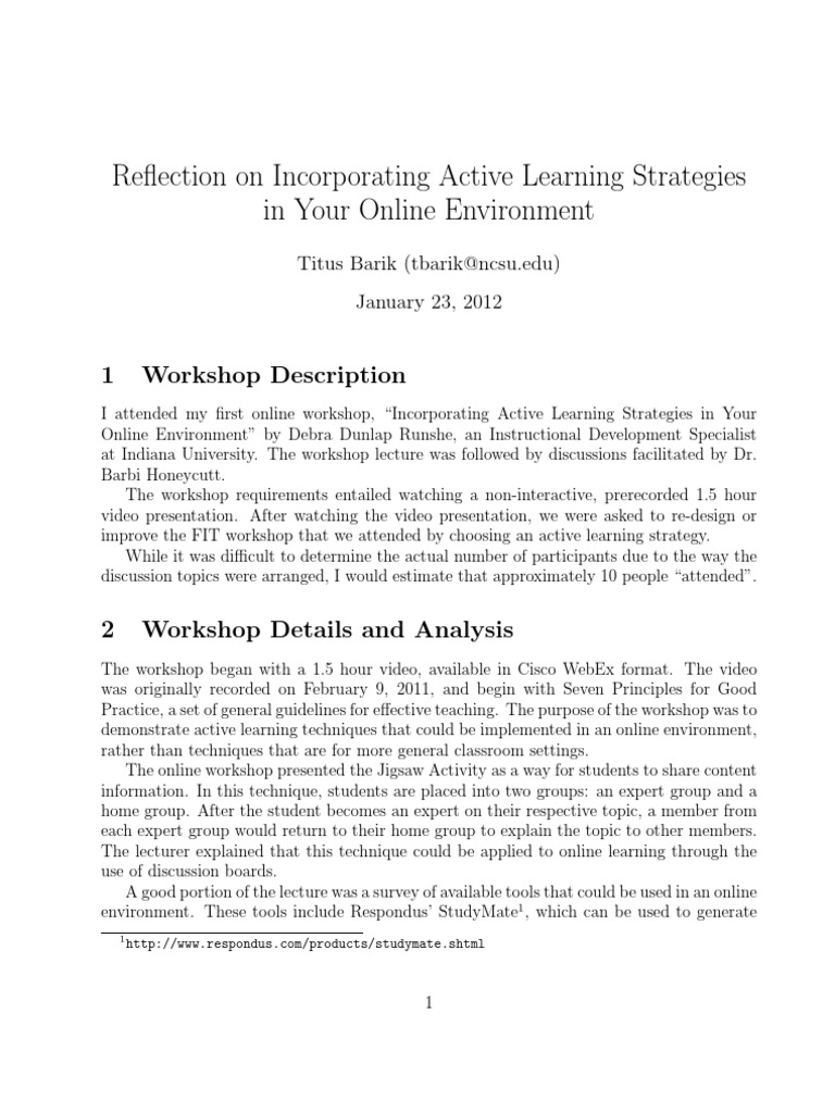 Reflection On Incorporating Active Learning Strategies in Your Online ...