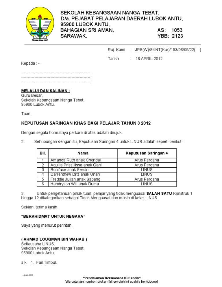 Surat Iringan Hantar Linus Tahun 3 Kepada Ibu Bapa Louqman