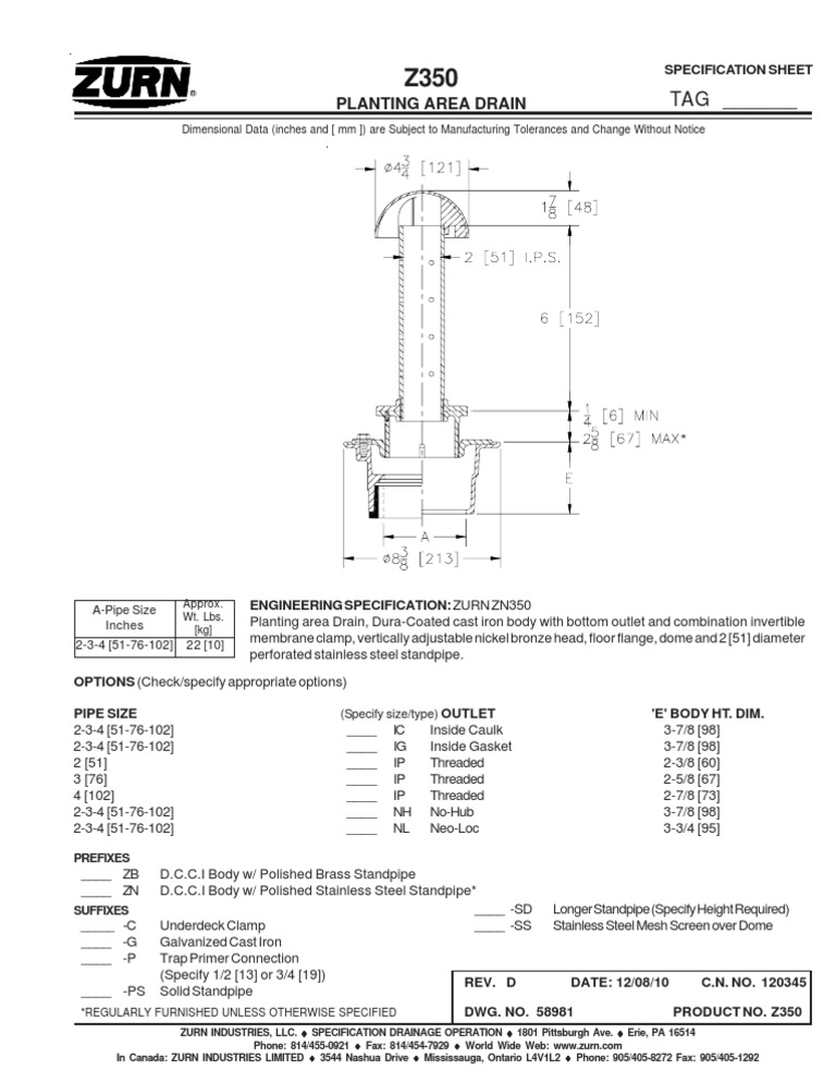 Zurn Planter Drain Z 350