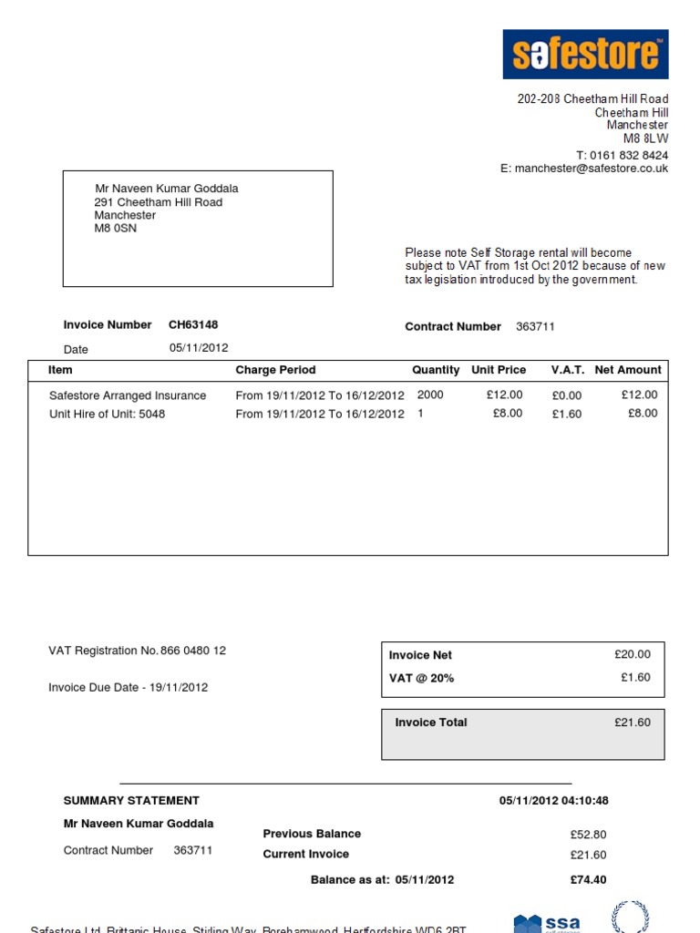 Safestore Invoice Summary 05/11/2012 | PDF