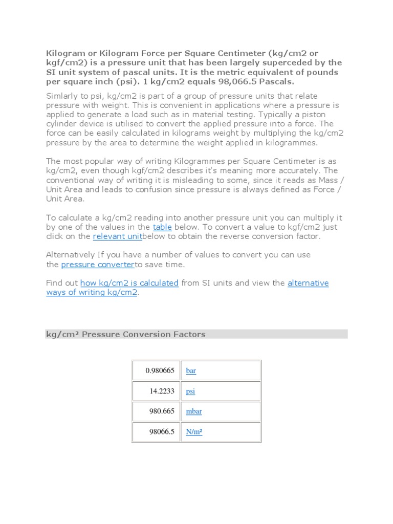 Understanding kg/cm² Pressure Unit | PDF | Kilogram | Pascal (Unit)