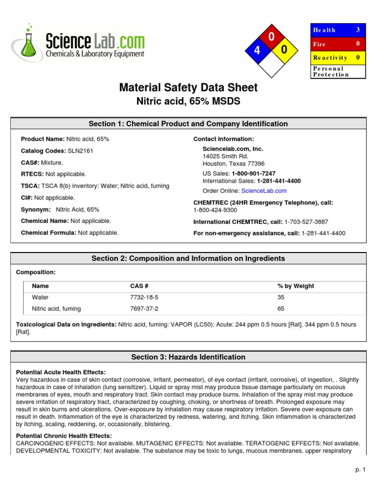 Nitric Acid, 65 MSDS Section 1 Chemical Product and Company