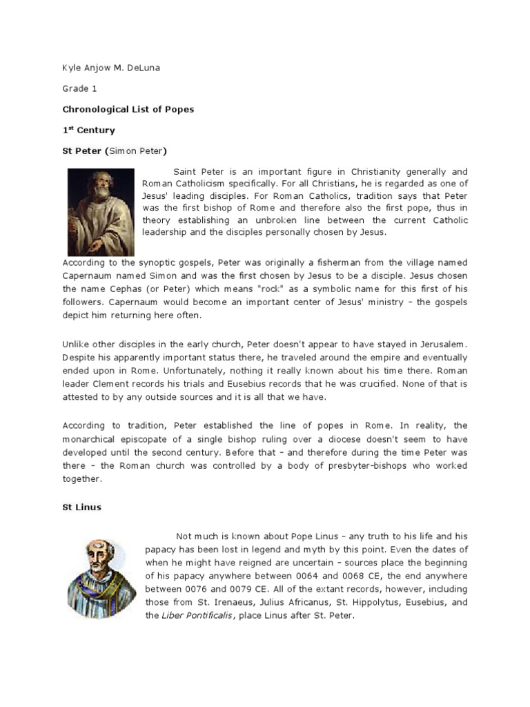 Chronological List of Popes 1 Century ST Peter (Simon Peter) | PDF | Pope | Saint Peter