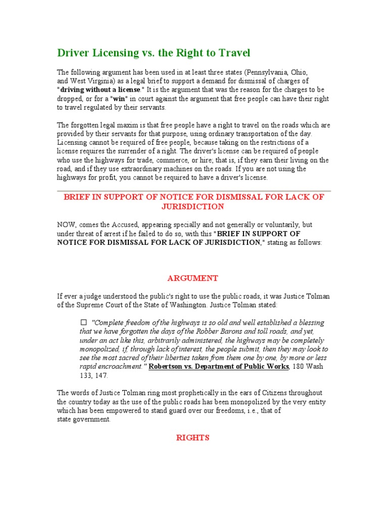 Driver Licensing vs. Right To Travel PDF Fourteenth Amendment To