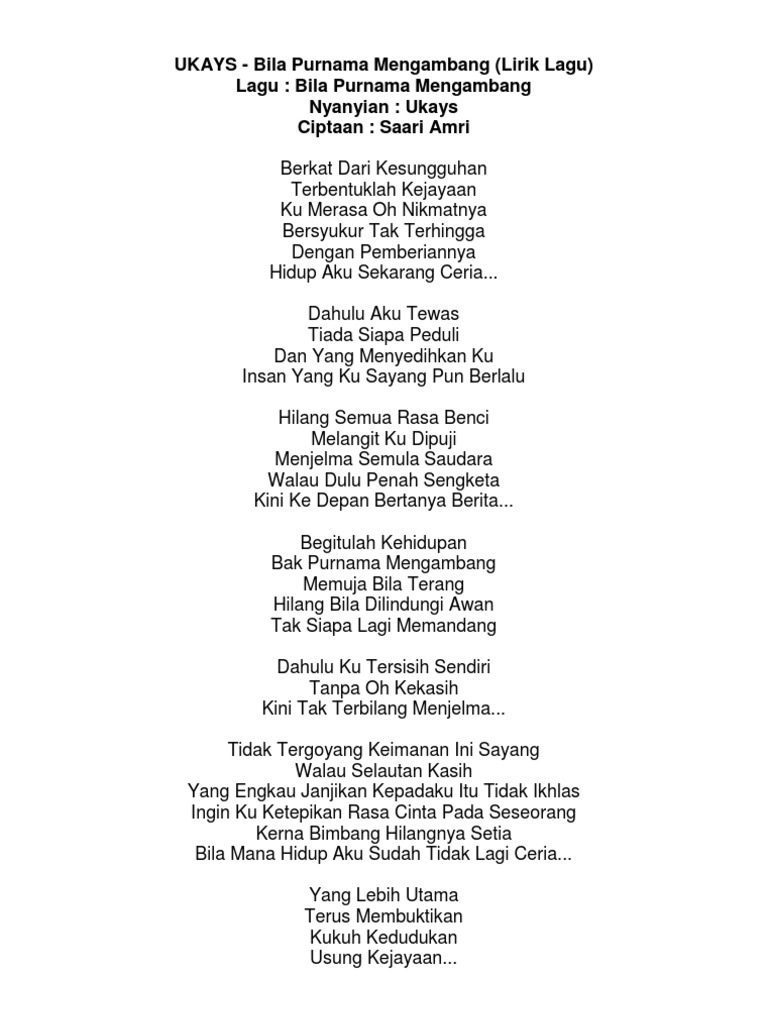 Lirik Lagu Bila Purnama Mengambang Kumpulan Ukays