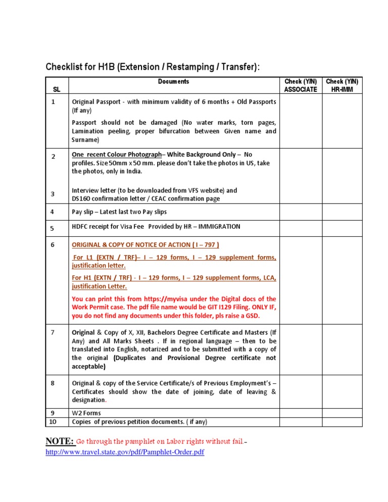 Checklist For H1B Extension Restamping Transfer PDF H 1 B Visa Government And Personhood