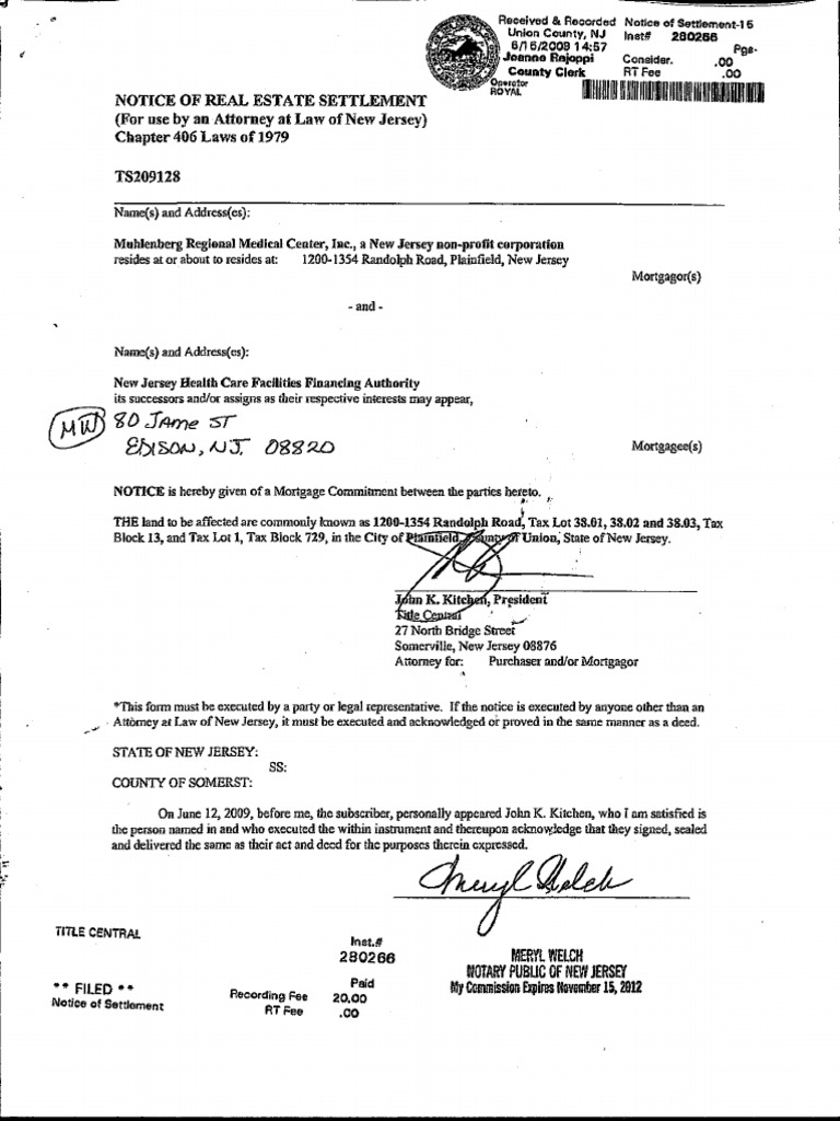 Men. WEIGH Notice of Real Estate Settlement (For Use by An Attorney at