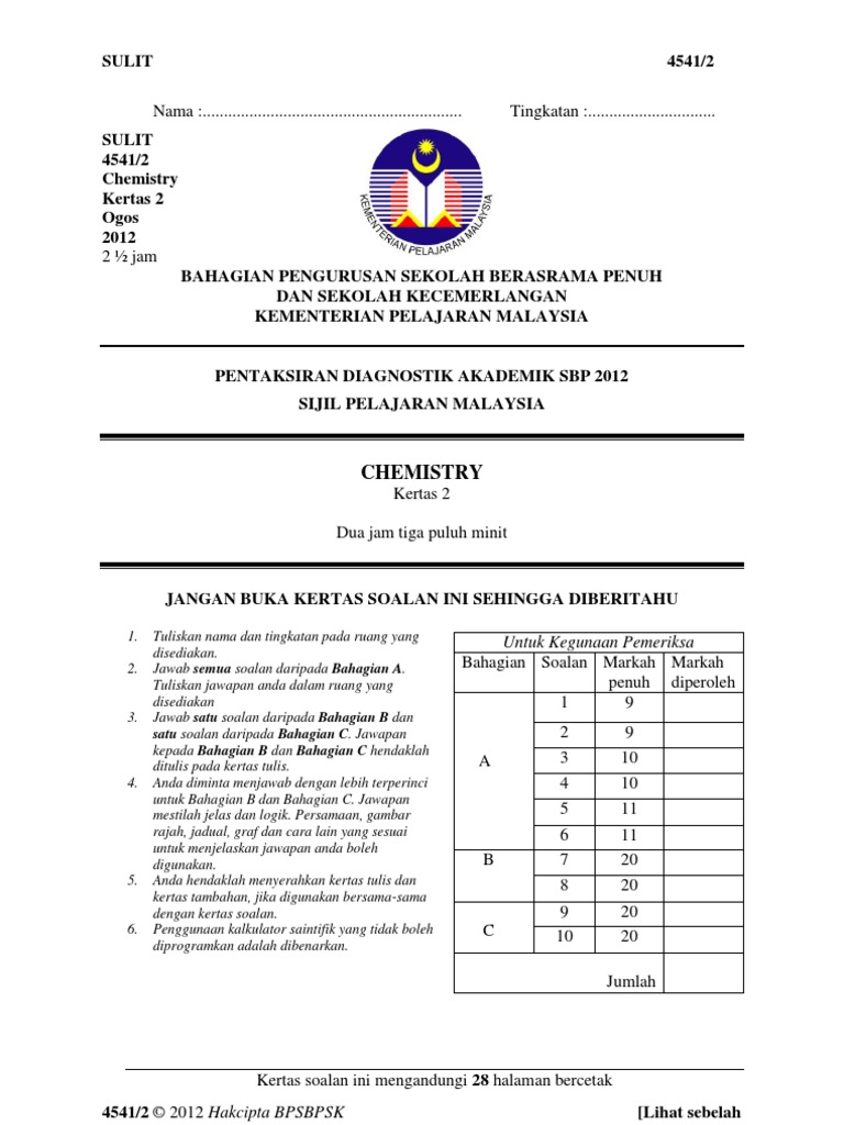 Soalan Kimia-Percubaan SPM SBP 2012