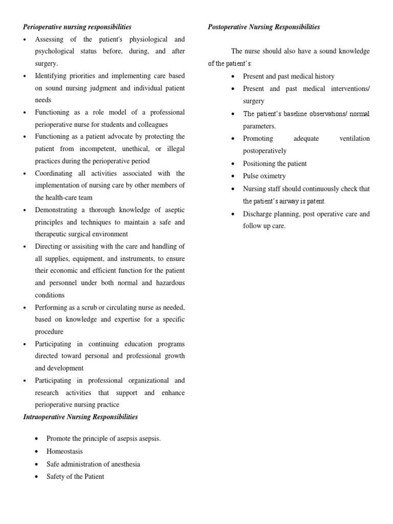 Perioperative Nursing Responsibilities Guide | PDF