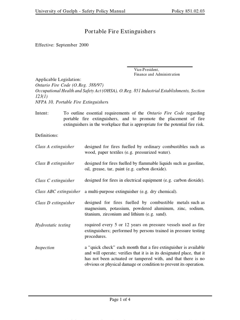 Portable Fire Extinguishers University of Guelph Safety Policy