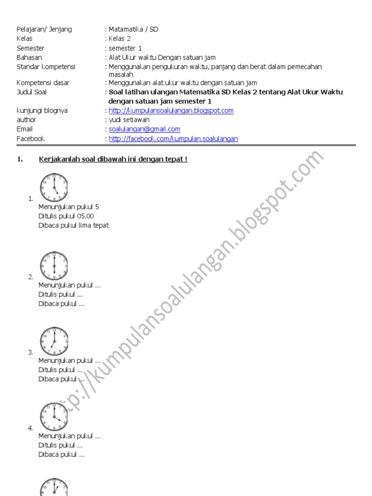Soal Latihan Matematika Sd Kelas 2 Tentang Jam