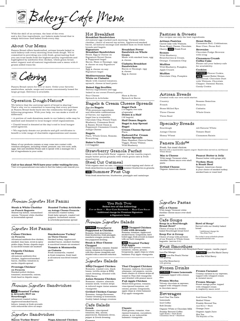 Panera Menu PDF Salad Breads