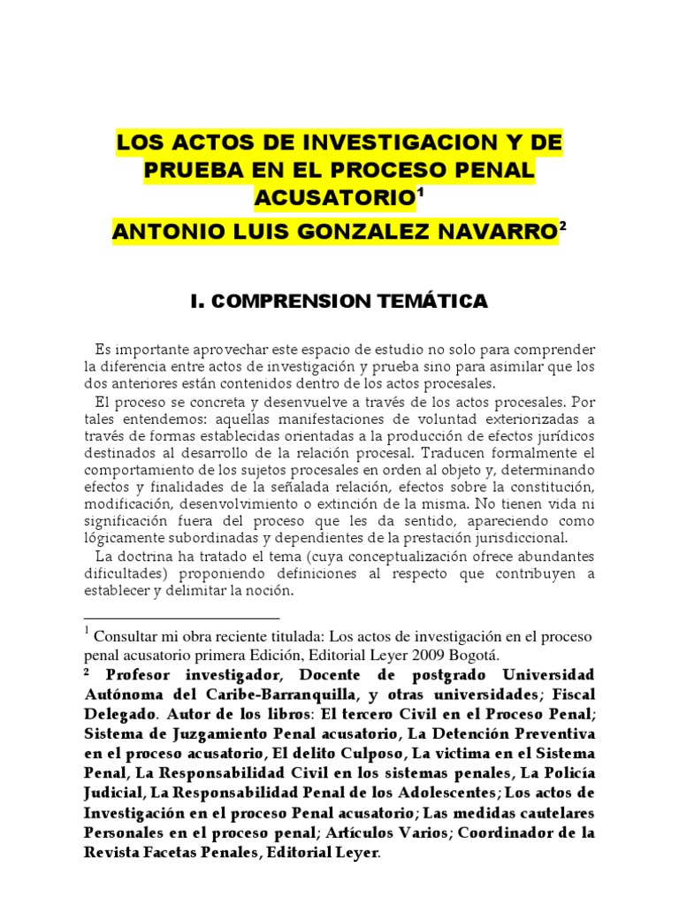 Actos de Investigación en Proceso Penal | PDF | Evidencia (ley ...