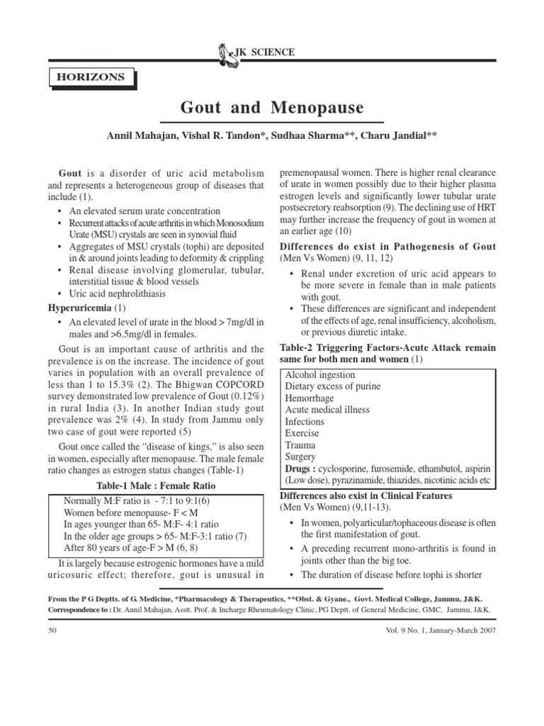 Gout and Menopause PDF Gout Diseases And Disorders