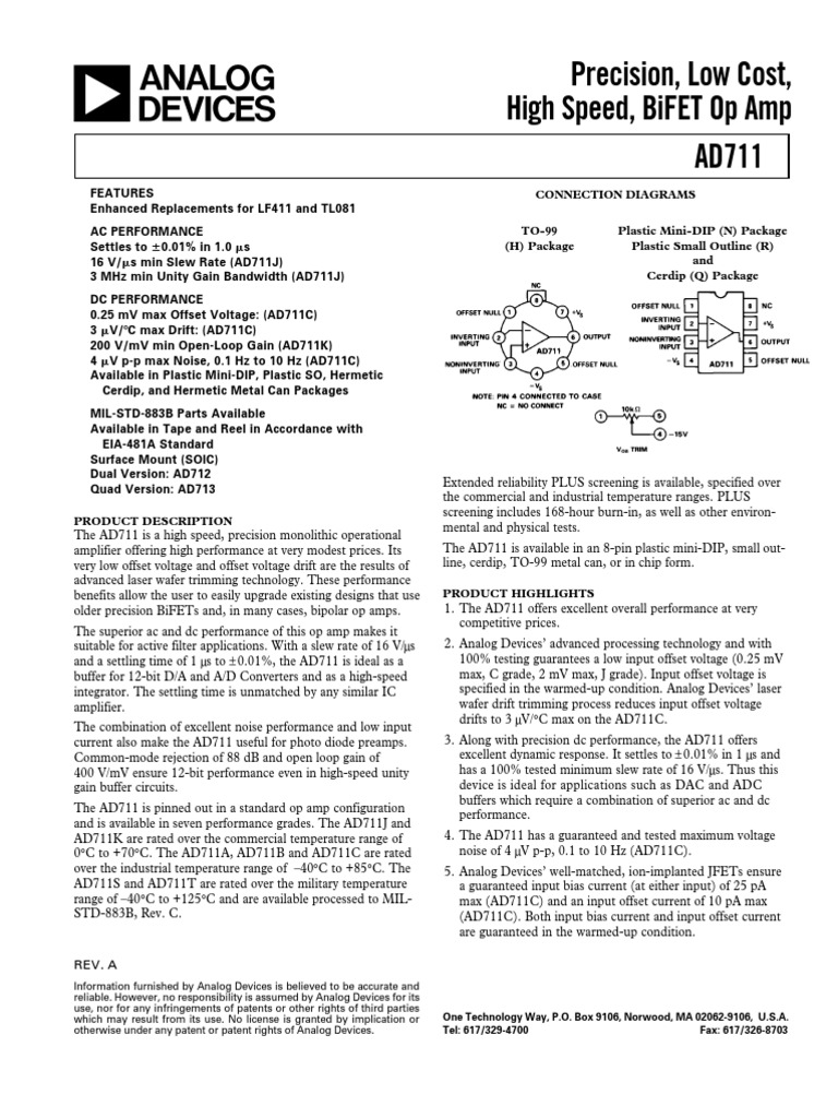 AD711 | PDF | Amplifier | Operational Amplifier