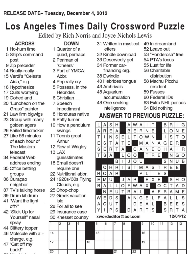 Los angeles times daily crossword puzzle: edited by rich norris and joyce  nichols lewis | pdf