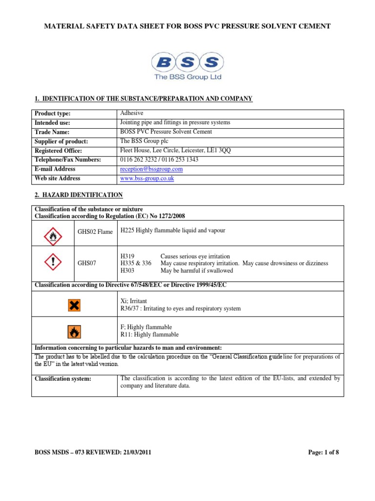 BOSS PVC Pressure Solvent Cement MSDS | PDF | Polyvinyl Chloride | Water