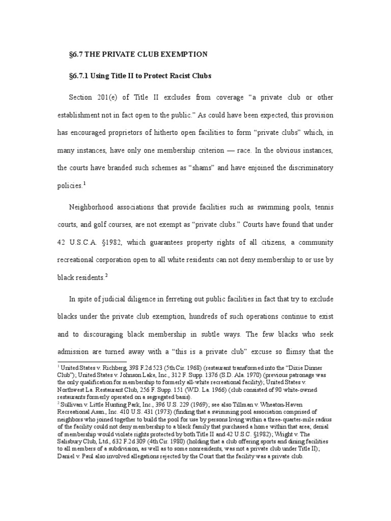 6.7 The Private Club Exemption 6.7.1 Using Title II To Protect Racist Clubs Download Free PDF