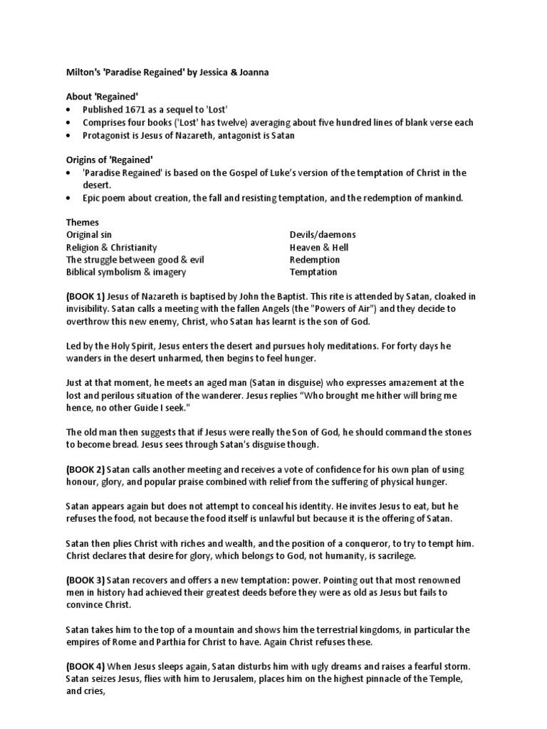 'Paradise Regained' by Milton Cribsheet PDF