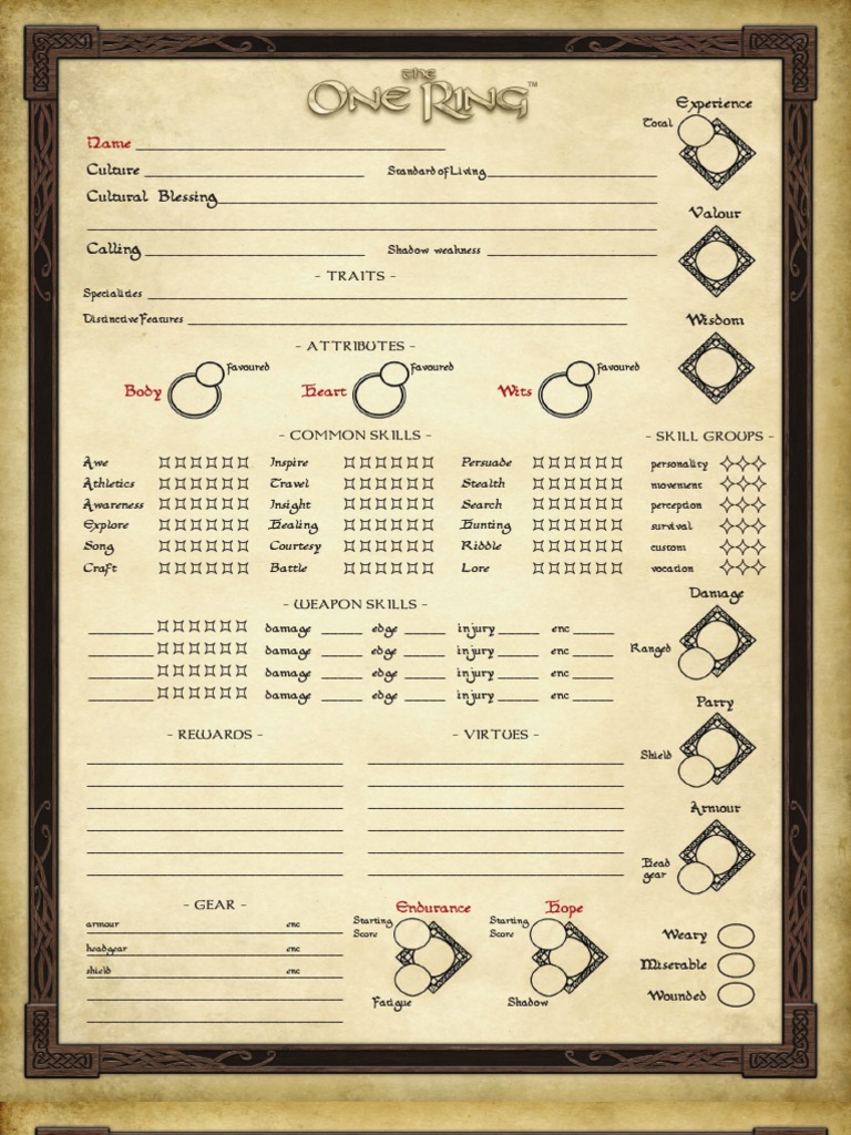 The One Ring RPG Official Character Sheet Role Playing Games Leisure