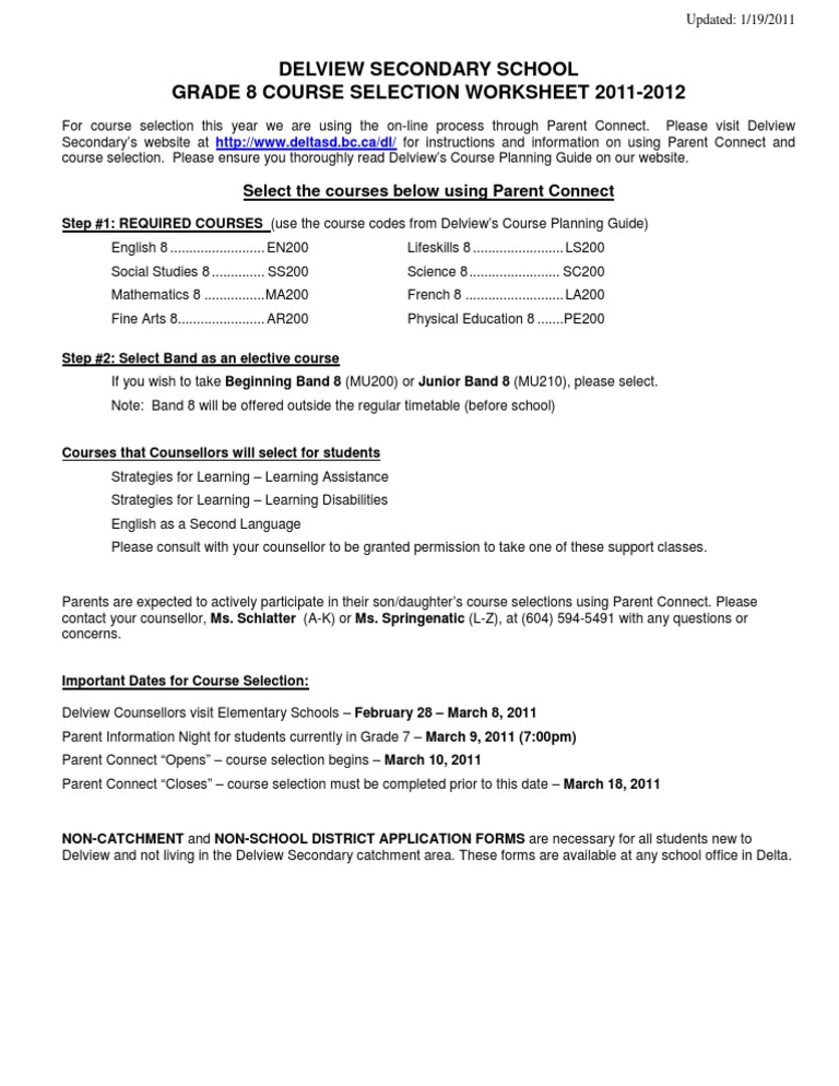 Grade 8 Course Selection Sheet