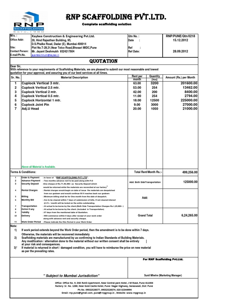 Scaffolding Quotation Proposal RNP | PDF | Government | Business
