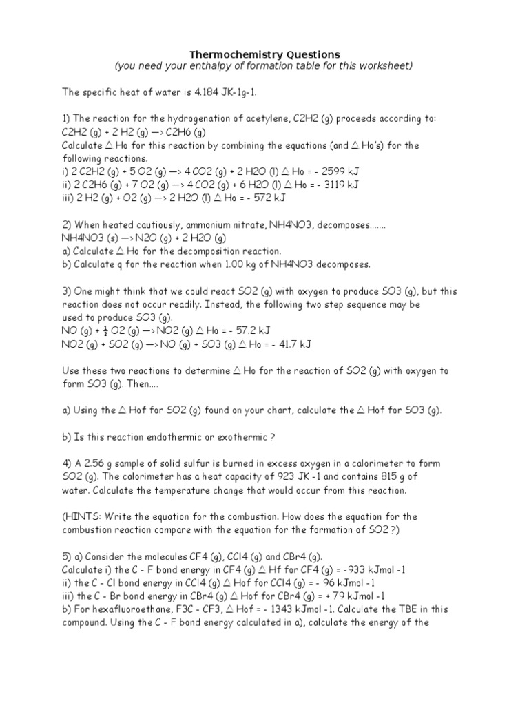 Thermochemistry Questions PDF Combustion Carbon