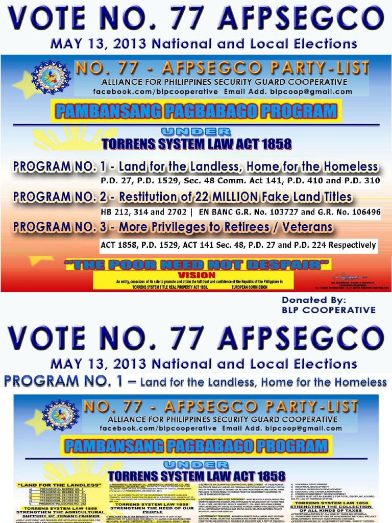 No. 77 AFPSEGCO Party List - BLP Pambansang Pagbabago Programs | PDF