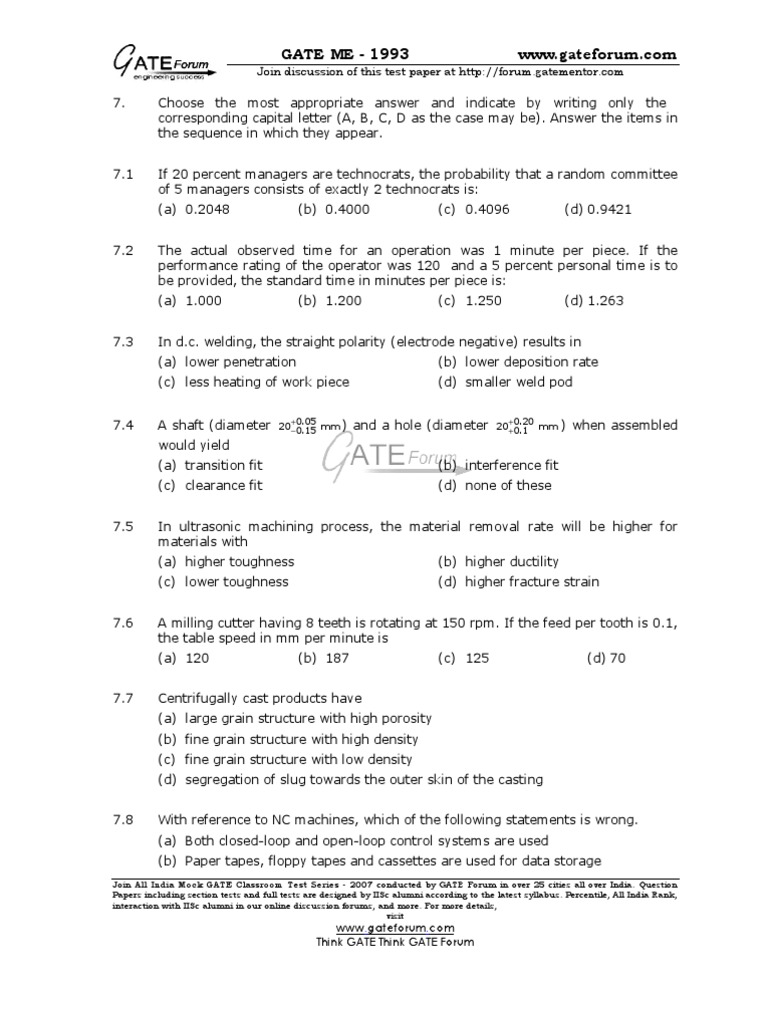 GATE Mechanical Papers Previous Years | PDF