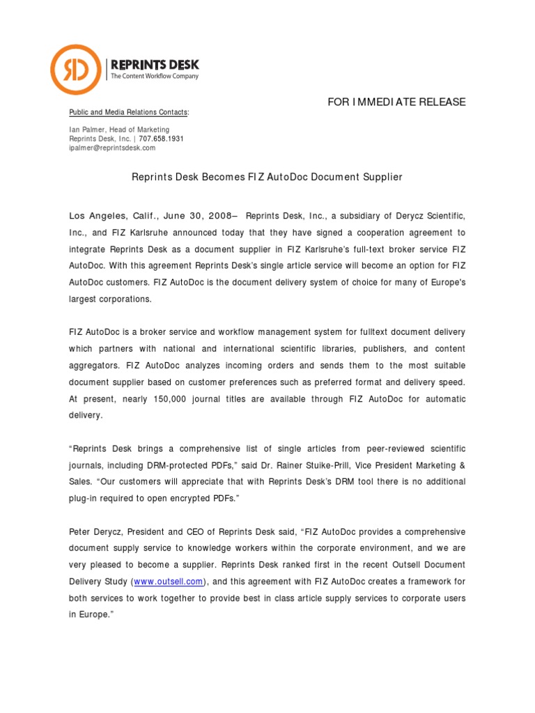 Reprints Desk Becomes Fiz Autodoc Document Supplier Information