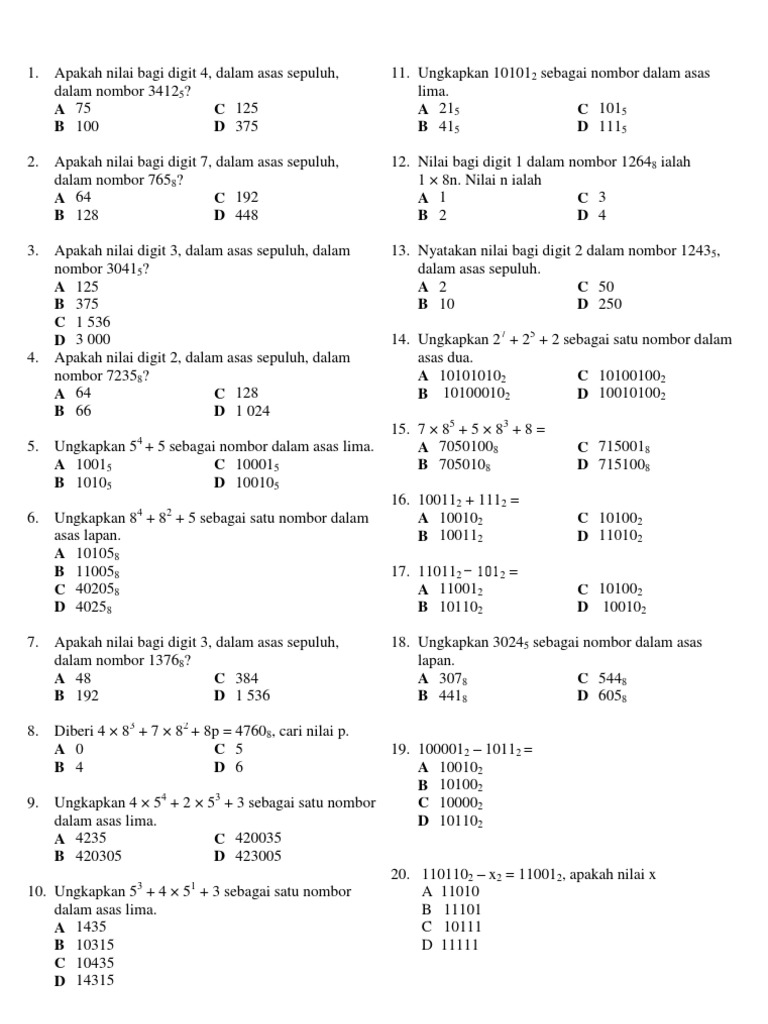 Contoh Soalan Objektif Asas Nombor Tingkatan 5